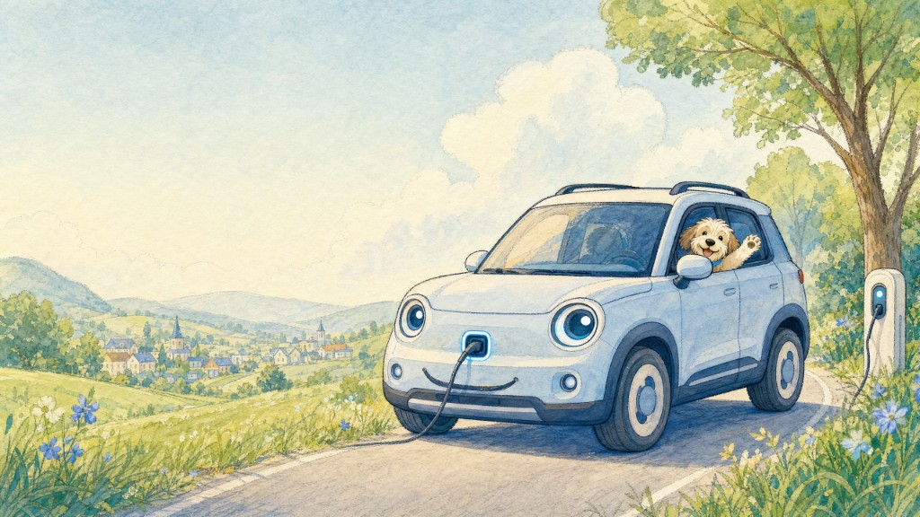 Friendly electric car charging on a countryside road with a dog waving from the window